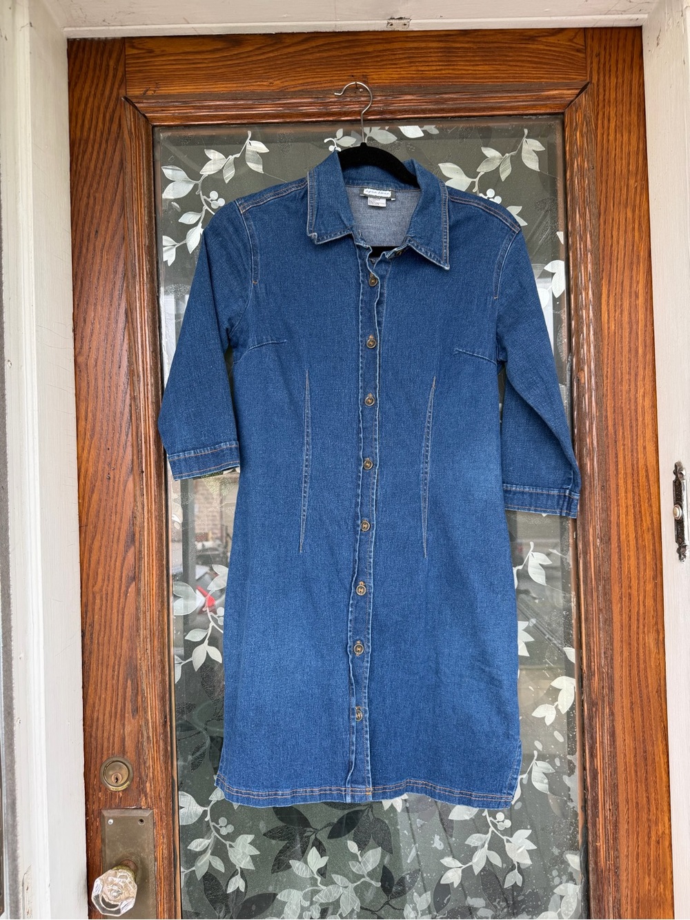 Indie Sleaze Y2K Aqua Blues Denim Dress Size M Button Front 3/4 Sleeve Grunge